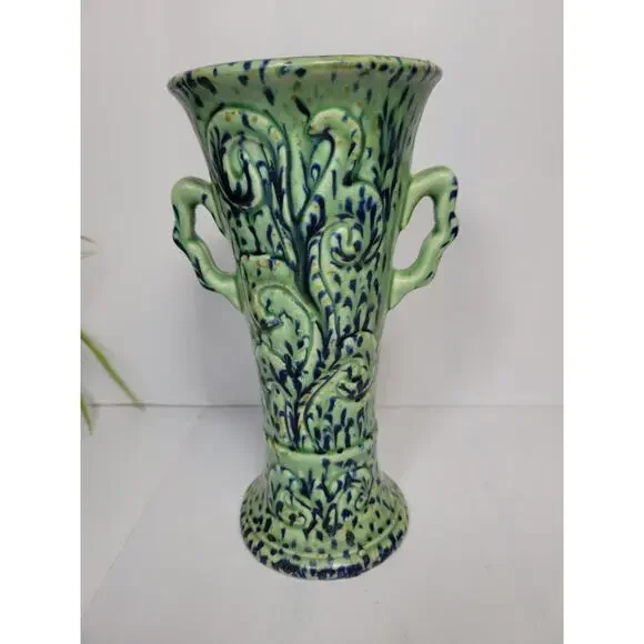 Vintage Green & Cobalt Pottery Vase, Double Handle, Japan - Picture 2 of 5